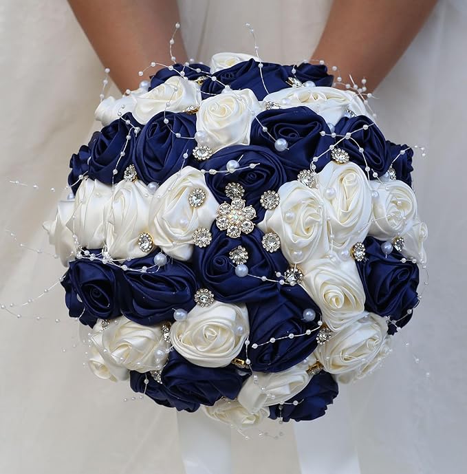 Bridal Wedding Bouquet Round Bling Brooch Bouquet Throw Toss Artificial Rose Flower Bunch for Bride Bridesmaid Wedding Quinceanera(Navy Blue & Ivory, 7.5")