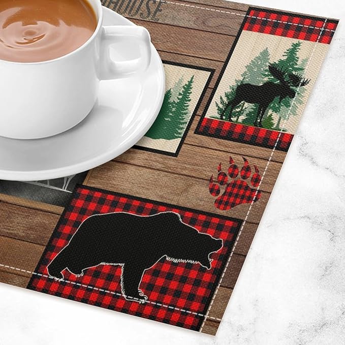 Rustic Cabin Bear Placemats Country Farm Lodge Moose Art Printed Dining Table Mats Set of 4 for Home Kitchen Holiday Picnic Party Decor 12x18in