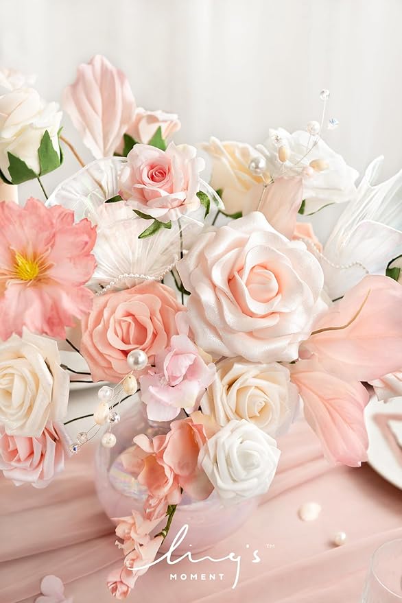 Ling’s Moment Artificial Flowers 25Pcs Glowing Cream Roses Decor w/Stems,3" Real Touch DIY Foam Floral for Wedding Bouquet/Centerpieces, Outdoors Party Backdrop, Room/Table, and Garden/Pot Decorations