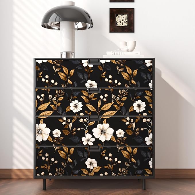 Vintage Black Floral Wallpaper Peel and Stick 17.4" x 118", Retro Golden Leaf White Flower Pattern Contact Paper Classic Removable Covering for Bedroom Bathroom Cabinet Drawer Home Decor Dark