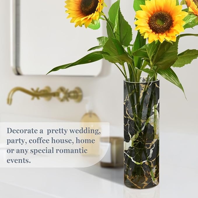 Flower Vase for Centerpieces, Black White Gold Marble Print Plastic Cylinder Vase, Clear Bud Vases for Home Wedding Office Table Decor