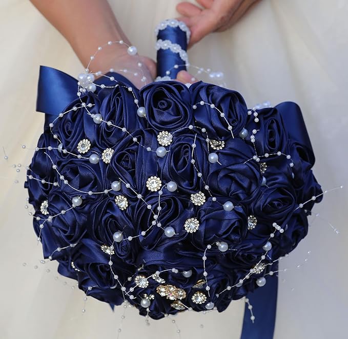 Bridal Wedding Bouquet Round Bling Brooch Bouquet Throw Toss Artificial Rose Flower Bunch for Bride Bridesmaid Wedding Quinceanera(Navy Blue, 6.3")