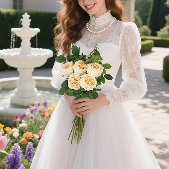 Real Touch Austin Roses Peonies Artificial Flowers 4 Bouquets Latex Fake Peonies with Long Stem Realistic Faux Peonies Flower for Wedding Party Home Table Centerpieces Decorations (Champagne)