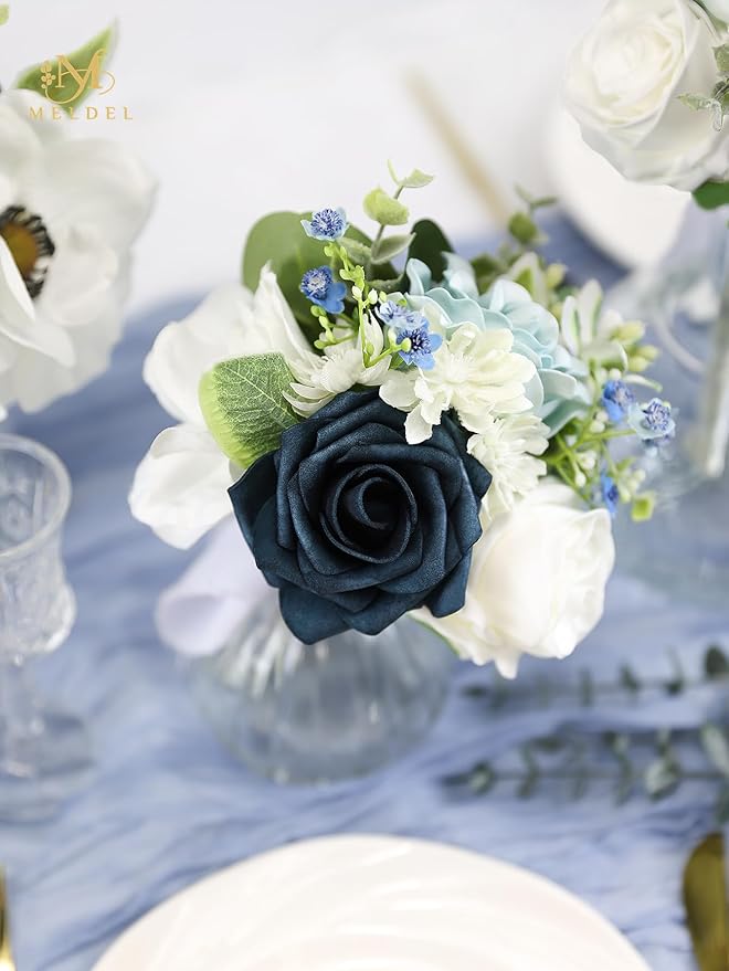 Meldel Blue Wedding Bouquet Set of 6, Mini Bridesmaid Bride Bouquets, Small Bridal Flowers, Fake Flower Artificial Floral Wedding Centerpieces Decor Party Prom