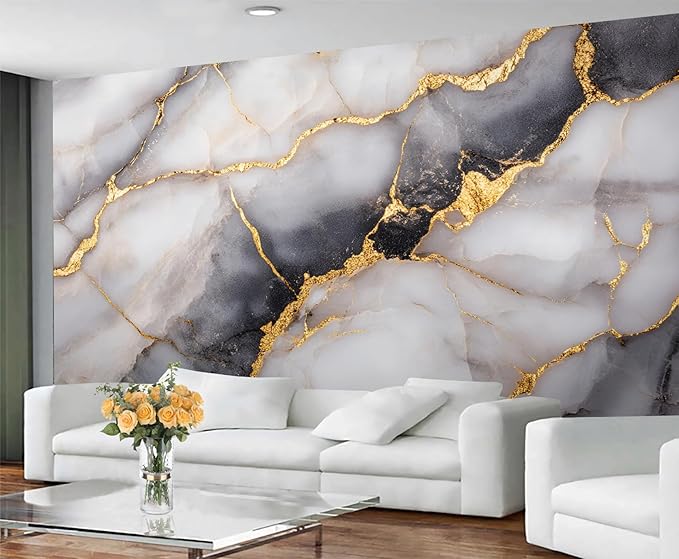 Golden Veins Marble Wall Mural, Black and White Marble 3D Wall Murals, Luxury Stone Wallpaper Mural, for Living Room Bedroom Large Wallpaper Indoor Decor 169.3" W x118.2 H