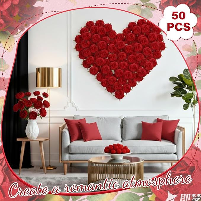 50 Pcs Artificial Peony Flower Bulk 3.5 Inch Silk Peony Flowers Heads with Stems Realistic Fake Roses for DIY Wedding Party Craft Bridal Bouquets Table Centerpieces Vase Home Decor(Red)
