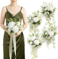 Ling's moment Artificial Flowers Lily of Valley White Bridesmaid Bouquet Set of 4, Green Wedding Flowers Bouquets for Bridesmaids, 7 Inch Bridal Bouquets for Bridesmaids, Wedding, etc