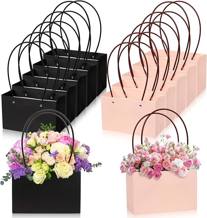 ZSDRTYU Kraft Paper Flower Gift Bags, 12 Pack Floral Gift Bags Wedding Floral Paper Flower Packing bag, Bouquet Bag Box With Handle Waterproof Flower Boxes For Wedding Birthday, Black, Pink