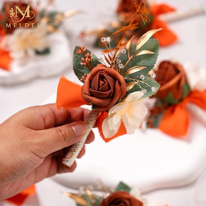 Meldel Terracotta Boutonniere for Men Wedding, Set of 6, Groom and Best Man Boutonniere, Guest Rose Boutonniere for Wedding Prom Homecoming Ceremony Anniversary Party, Burnt Orange