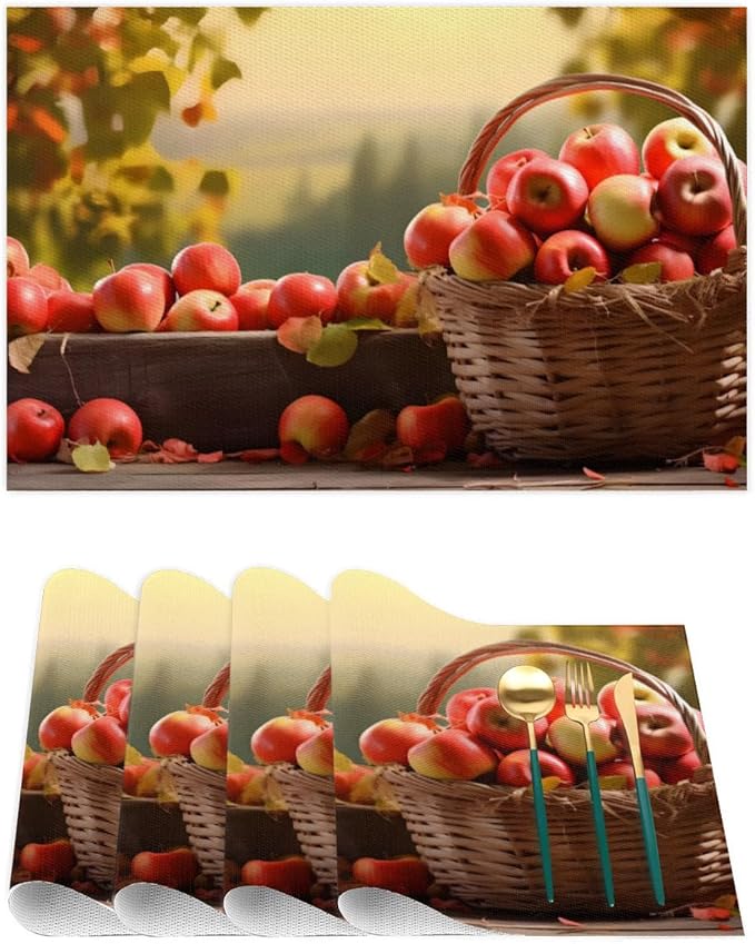 Fall Fruit Apple Placemats Set of 6 PVC Vinyl Non Slip Table Mats Waterproof Heat Resistant Place Mats Washable Wipeable Dining Table Mat for Kitchen Party Farmhouse Indoor Outdoor Decorative