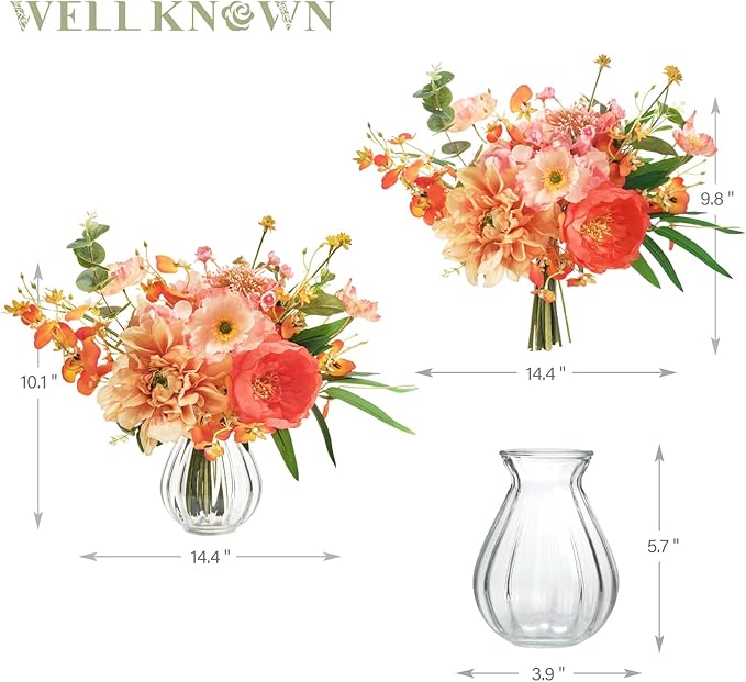 WELL KNOWN Silk Peony Mixed Wild Flower Bouquet in Vase, Artificial Flowers Arrangements Orange & Pink Fake Flowers with Vase for Home Living Room Wedding Party Dinning Table Fall Seasonal Decor