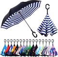 Inverted Umbrella, 49 Inch Double-Layer Vented Reverse Umbrella, Windproof Waterproof UV Protection, Lightweight C-Handle, Fiberglass Ribs, Steel Shaft, Travel/Commute/Car Use, With Sleeve