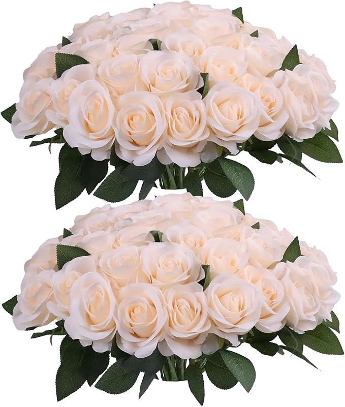 52pcs Champagne Roses Artificial Flowers Fake Flowers Silk Roses with Stems for DIY Wedding Bouquets Bridal Shower Centerpieces Arrangements Party Decorations