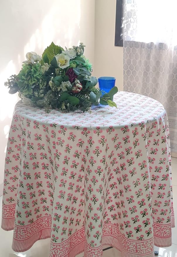 ATOSII Gulbahar White Pink 100% Cotton Spring Summer Round Tablecloth, Block Print Table Cloth for Dining, Weddings, Outdoors, Parties, Grand Millenial Home Decor 60" Inches I