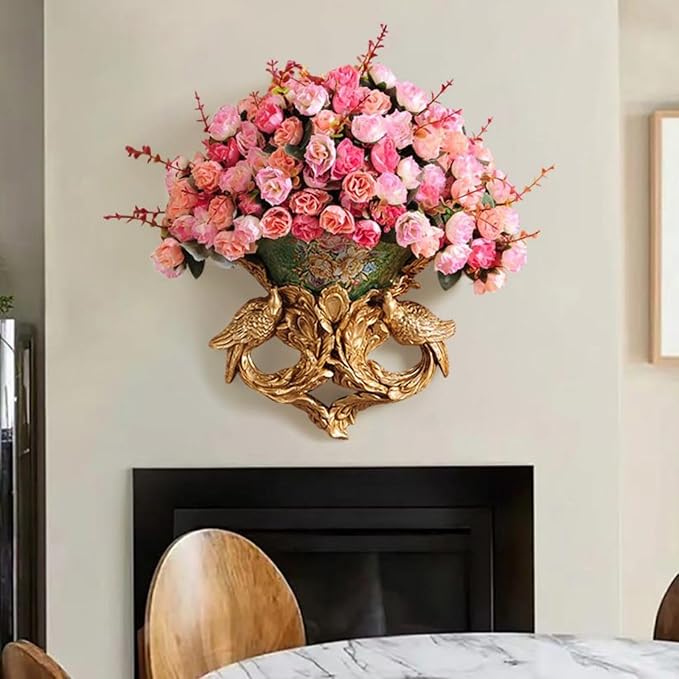 European Artificial Flowers, Luxurious Silk Faux Floral Arrangement with Medieval Gold Carved Vase for Elegant Home Decor