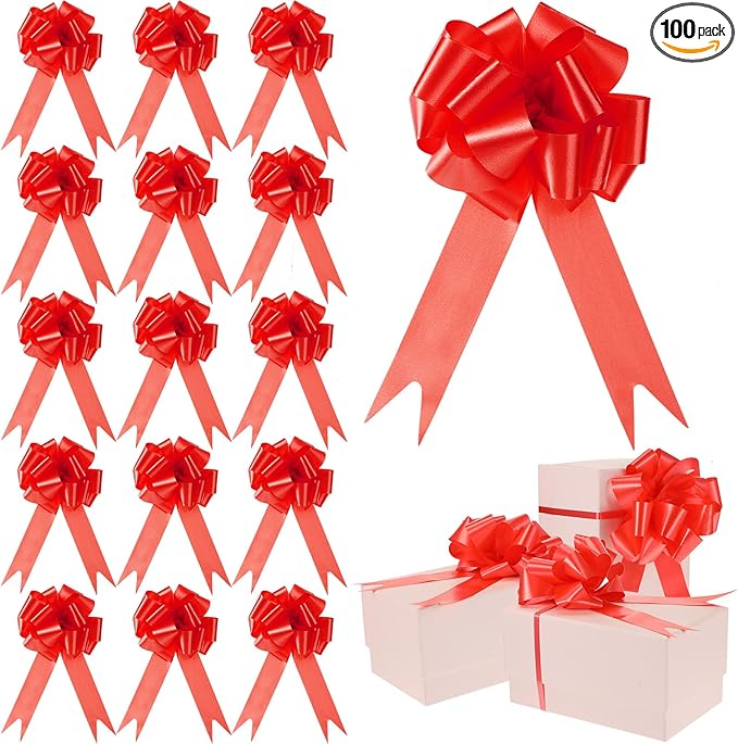 Yilloog 100 Pcs 5 Inch Christmas Pull Bows for Gift Wrapping, Gift Wrapping Pull Bows with Ribbon for Christmas Presents Wedding Decor Basket Bag Holiday Decor(Red)