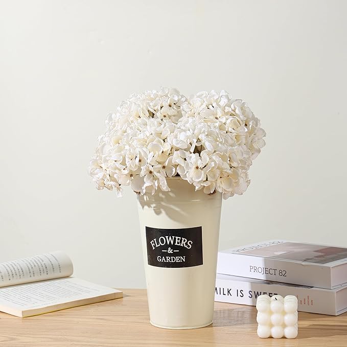 White Dried Hydrangea Flowers Artificial, Faux Fall Floral Stems for Home Decor, Wedding, Vase Fillers (White)