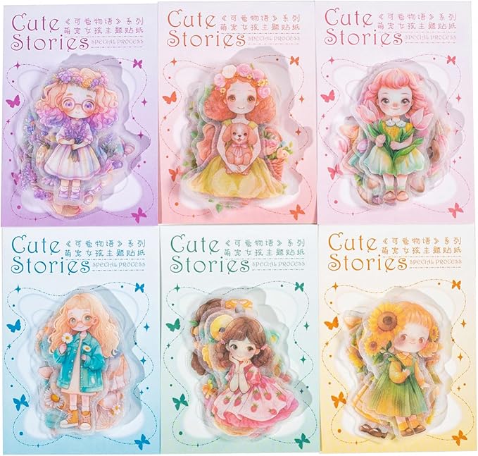 TIAMECH Cute Stories PET Stickers - 60 Pcs Daisy Rose Flower & Hairy Girl Design, Waterproof Sticker for Journaling & Scrapbooking, Junk Journal Supplies, Ephemera & DIY Crafts