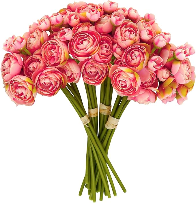 24 Pcs Ranunculus Artificial Flowers 10.5", Mini Faux Silk Ranunculus with Stem, Fake Flowers for Home Decor Indoor Wedding Bouquets Centerpieces (Coral)