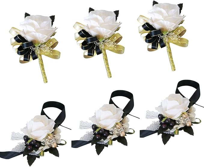 Aimto Ivory Rose Rose&Black Wrist Corsage and Boutonniere Set for Ivory Rose Wedding Flower Accessories Prom Suits (3pairs Ivory Rose Set)