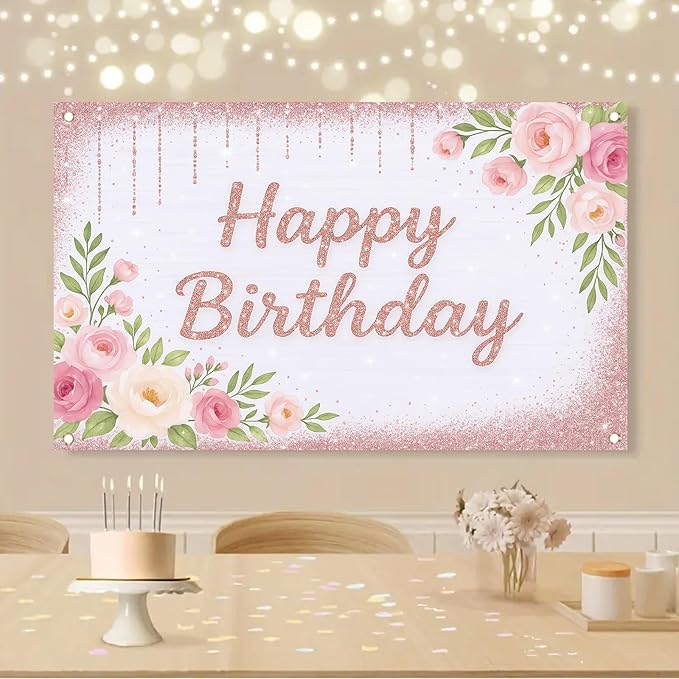 Rose Gold Birthday Backdrops Banner Floral Pink Flower Glitters Happy Birthday Photography Background for Women Girls Wedding Baby Shower Decor Party Photo Booth Supplies 6x4ft