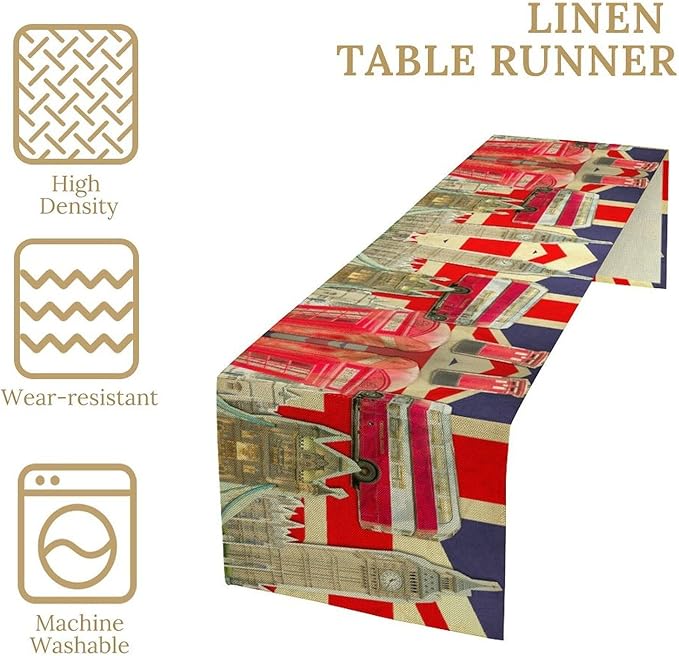 British Table Runner, Seasonal Vintage Buildings England London Culture Element Coffee Table Center Decor for Home Kitchen Dining Patio Holiday Party Table Decorations 13x108 inches