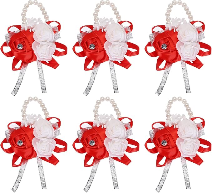 MECCANIXITY 6Pcs Wrist Corsage Artificial Flower Bracelets Rose Wrist Bride Groom Decorative for Wedding Ceremony Prom Party Anniversary Red