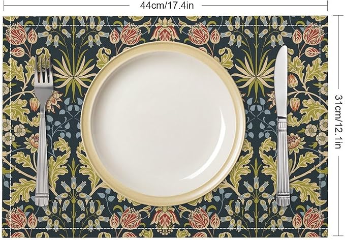 William Morris Vintage Flower Placemats Boho Rural Farmhouse Art Printed Dining Table Mats Set of 4 for Home Kitchen Holiday Picnic Party Decor 12x18in