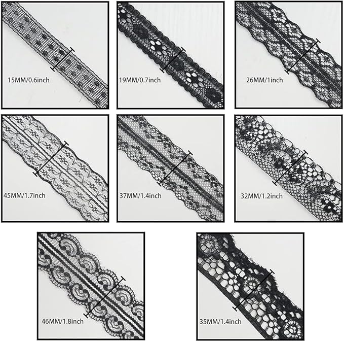 80 Yards Black Lace Trim Ribbon,8 Rolls Crochet Sewing Assorted Patterns Vintage Floral Lace Ribbons for Sewing DIY,Gift Wrap,Scrapbooking, Bridal Shower Wedding Decor, 10 Yards Each Roll