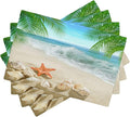 Starfish Beach Placemats, Leisure Summer Time Waves Tropical Palm Elm Sand Starfish Seashells Nautical Print Washable Fabric Placemats Table Kitchen Dining Party 12x18 Inch Set of 4