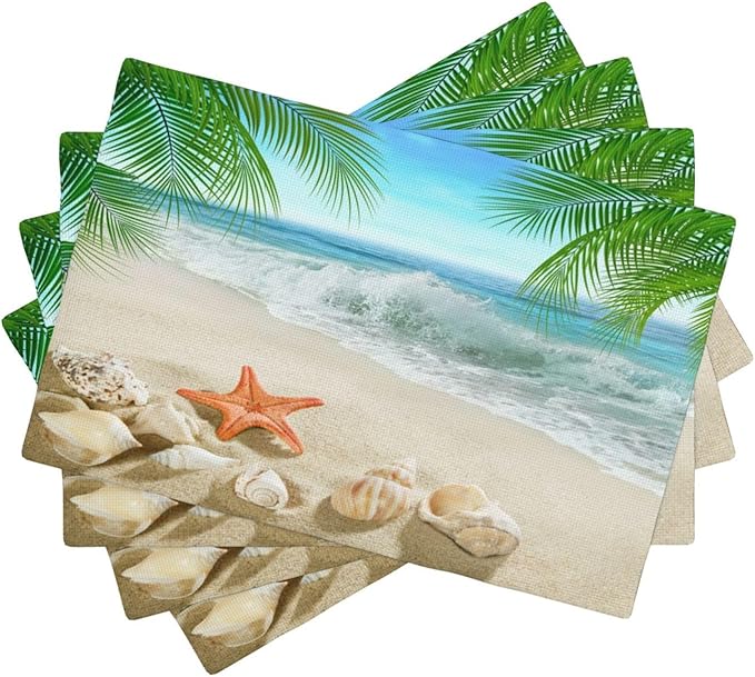 Starfish Beach Placemats, Leisure Summer Time Waves Tropical Palm Elm Sand Starfish Seashells Nautical Print Washable Fabric Placemats Table Kitchen Dining Party 12x18 Inch Set of 4