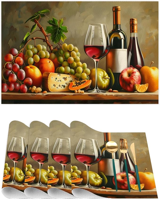 Grapes Fruit Wine PVC Placemats Set of 1 Wipeable Table Mats Washable Heat Resistant Non Slip Vinyl Dining Table Mat for Kithen Indoor Outdoor Patio Farmhouse Place Mats Decorative