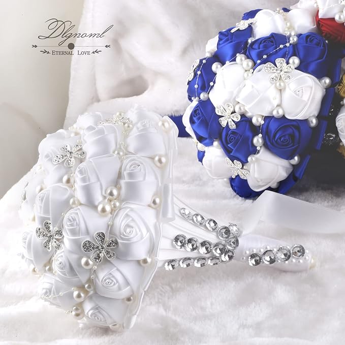 Handmade Wedding Flowers Bridal Bouquets Crystal Bride Holding Bouquet White Ivory Satin Roses with Diamond Pearl Ribbon.(allwhite)