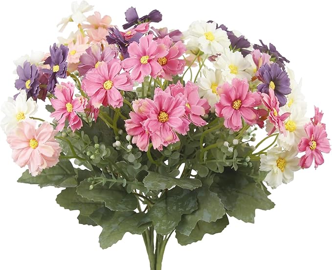 4 Pcs Artificial Daisy Flowers Outdoor UV Resistant Silk Flowers for Outside Pink Faux Daisy Bouquet Arrangement for Spring Summer Garden Porch Window Box Planter Front Door Patio Balcony Decor