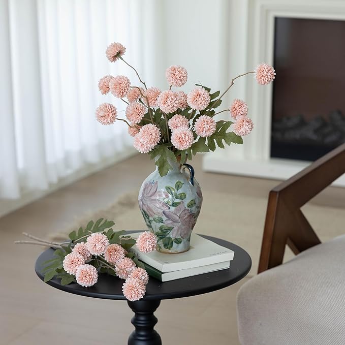 mizii 6Pcs Pink Fake Silk Pompon Mum Artificial Flowers Bulk Small Faux Chrysanthemums with Stems Realistic Floral Decorations for Wedding DIY Bouquet Centerpieces Shower Vase Home Decor (Light Pink)