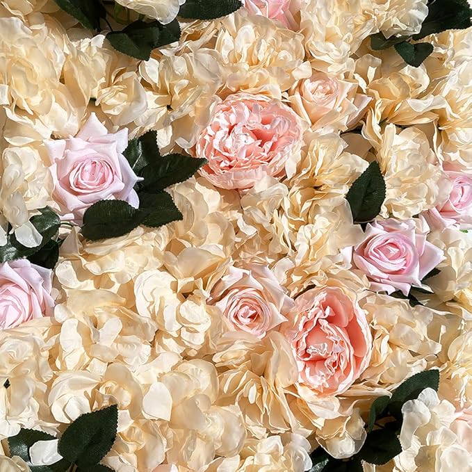 LOYALHEARTDY 12 Pack Artificial Flower Wall Panels 24" x 16" Khaki Faux Hydrangea and Rose Artificial Flower Backdrop Panels for Wedding Party Event Flower Wall Decor