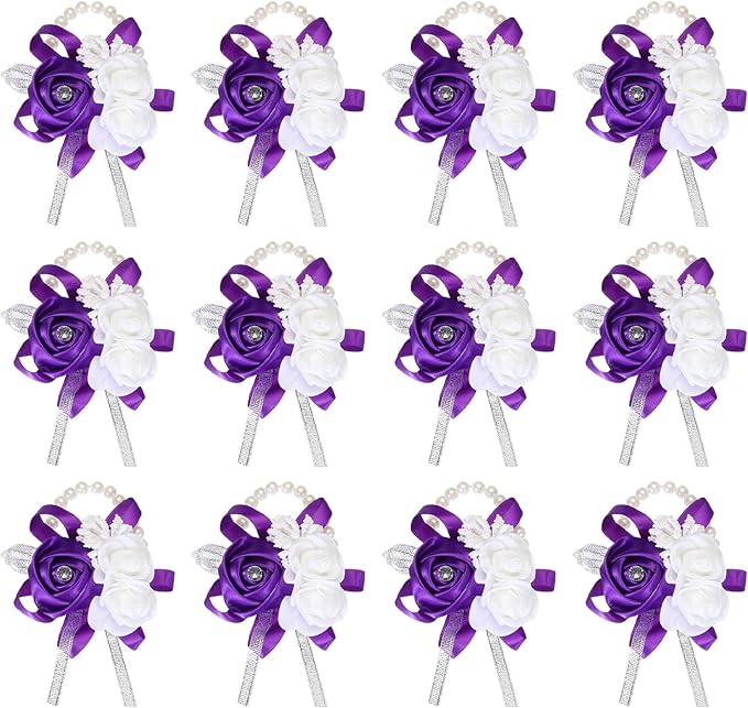 MECCANIXITY 12Pcs Wrist Corsage Artificial Flower Bracelets Rose Wrist Bride Groom Decorative for Wedding Ceremony Prom Party Anniversary Purple