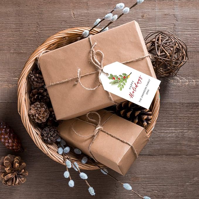 Andaz Press Personalized Tags, Custom Family Name and Year, Winter Holiday Branch Design, 60-Pack for Events and Parties