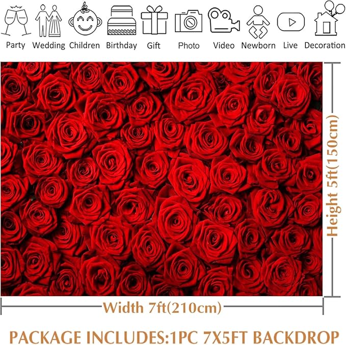 Avezano Valentine's Day Backdrop Rose Flower Wall Photo Background Red Rose Wedding Bridal Shower Photography Backdrop Mother's Day Birthday Party Dessert Table Banner (7x5ft)