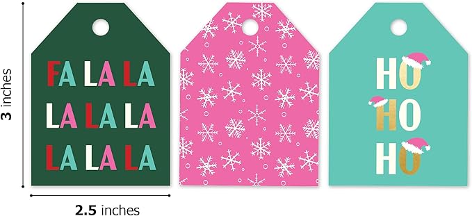 Pro Supply Global 24 Count of 2.5 Inch x 3 Inch Pre Strung Christmas FA La La Gift Tag Assorted Printed Designs on Large Cardstock Gift Hang Tags - Ideal to Use on Bags