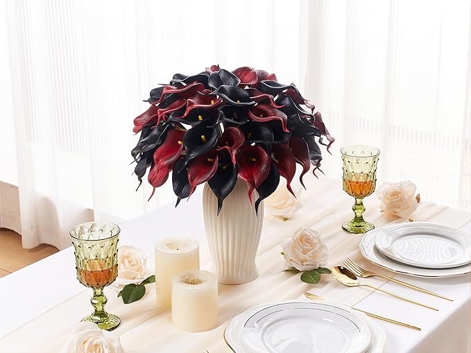 24 Pcs Artificial Calla Lily Flowers Fake Silk Flowers Real Touch for Halloween Wedding Bouquet Office Home Kitchen Decor (Black Red)