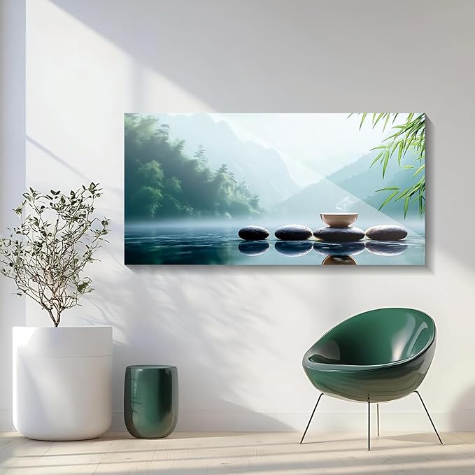 Iallbin Buddha Wall Art & Zen Wall Decor White Lotus on Water Canvas Painting - for Yoga Meditation Room, Spa & Bathroom, Iallbin Zen Stone Wall Art & Zen Wall Decor, Blending the essence of landscape artistry - for Yoga Meditation Room, Spa & Bathroom...