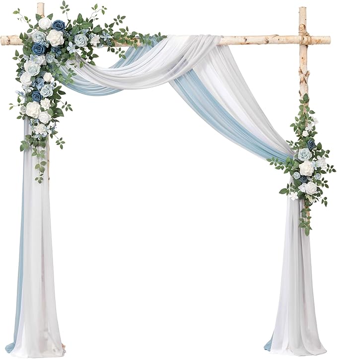 Ling's moment Artificial Wedding Arch Flowers with Drapes Kit-Pack of 5, 2pcs Flower Arrangements 3pcs Hanging Sheer Drapes Sage Ceremony Arbor Backdrop Rose Floral Decorations, Dusty Blue