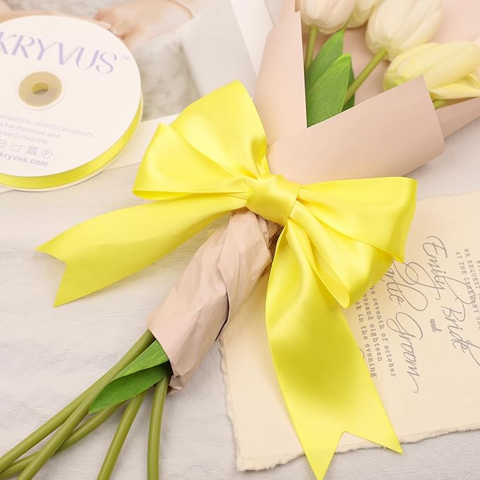 Lemon Yellow Satin Ribbon, Double Faced 2 Inch X 25 Yards Lemon Yellow Ribbon, Premium Satin Ribbon for Gift Wrapping, Crafts, Hair Bow Making, Sewing, Flower Bouquet, Wedding Party Decor