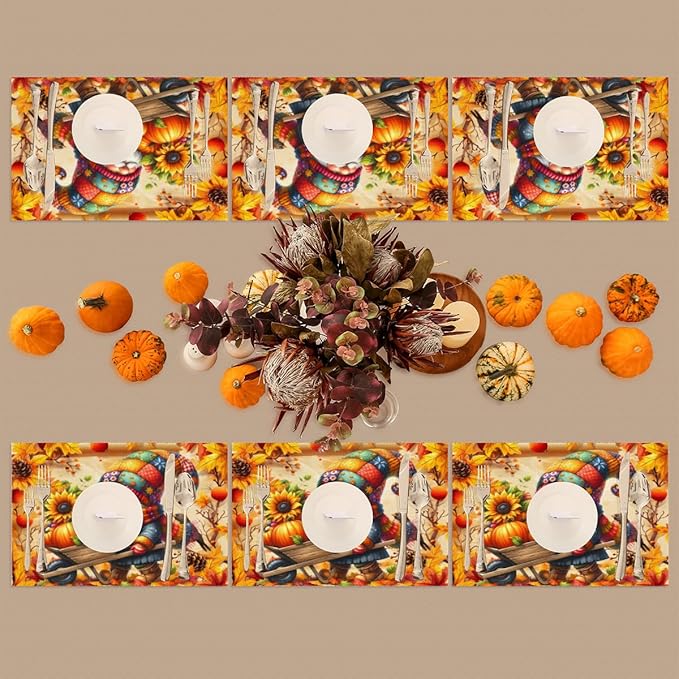 Autumn Gnome Pumpkin Flower Placemats Set of 6 PVC Vinyl Non Slip Table Mats Heat Resistant Place Mats Washable Wipeable Dining Table Mat for Kitchen Decor Party Indoor Outdoor Decorative Gift