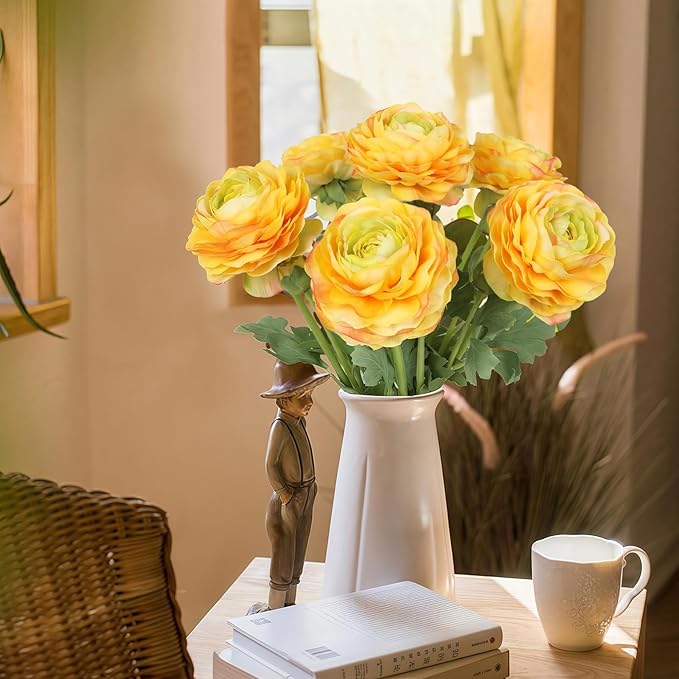 Real Touch Yellow Ranunculus Artificial Flowers 6PCS Artificial Peonies Faux Ranunculus with Stem for DIY Wedding Bouquet Party Table Home Decor(Yellow)