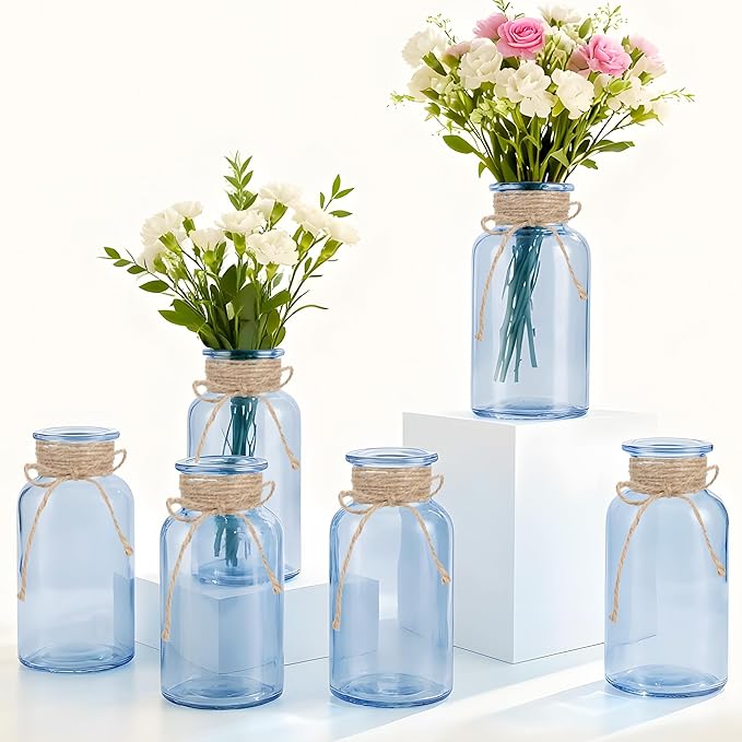 Vintage Glass Flower Vase，6 Pack Blue Farmhouse Glass Centerpiece Vases Mason Jars for Weddings, Parties & Home Decor Bulk (6, Blue)