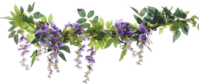 2Pcs 6.6Ft Artificial Flowers Vines Silk Wisteria Artificial Garlands Fake Hanging Green Leaf Flower Ivy Vines for Home Garden Wedding Arch Decor, Purple