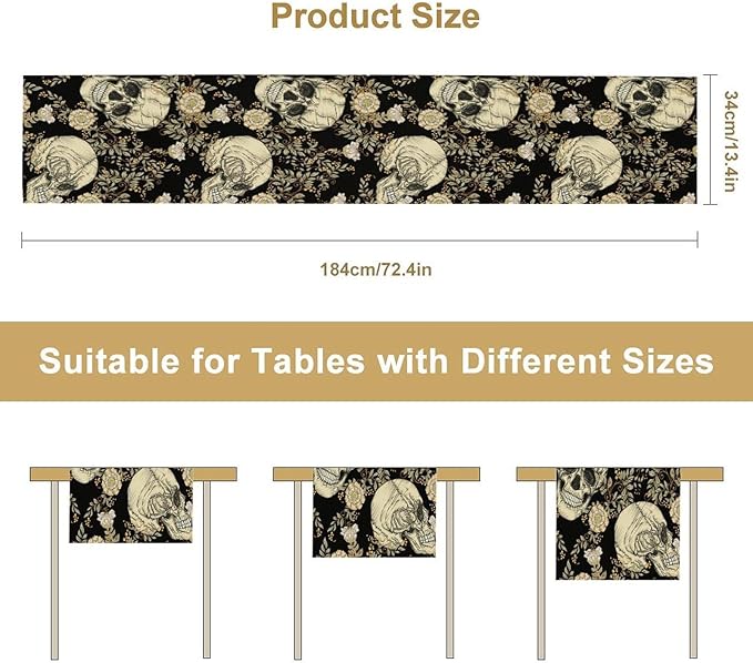 Gothic Table Runner,Vintage Floral Skull Print Table Runner for Home Kitchen Table Dining Garden Farmhouse Wedding Party Decor 13x120 Inch
