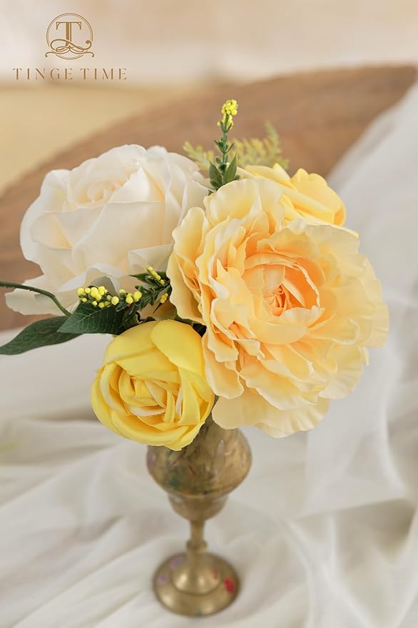 TINGE TIME Artificial Flowers Combo Mix Silk Flowers Yellow Roses w/stem for DIY Wedding Bridal Bouquets Baby Shower Floral Arrangement Table Centerpieces Home Decorations (Yellow & Champange)